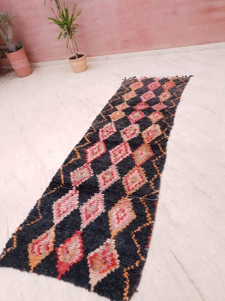 50% OFF CLOSING SALE Vintage Moroccan Rug 3x9 Black Rug, Retro runner Rug, Unique Hallway Rug, boujaad accent rug boucherouite rug