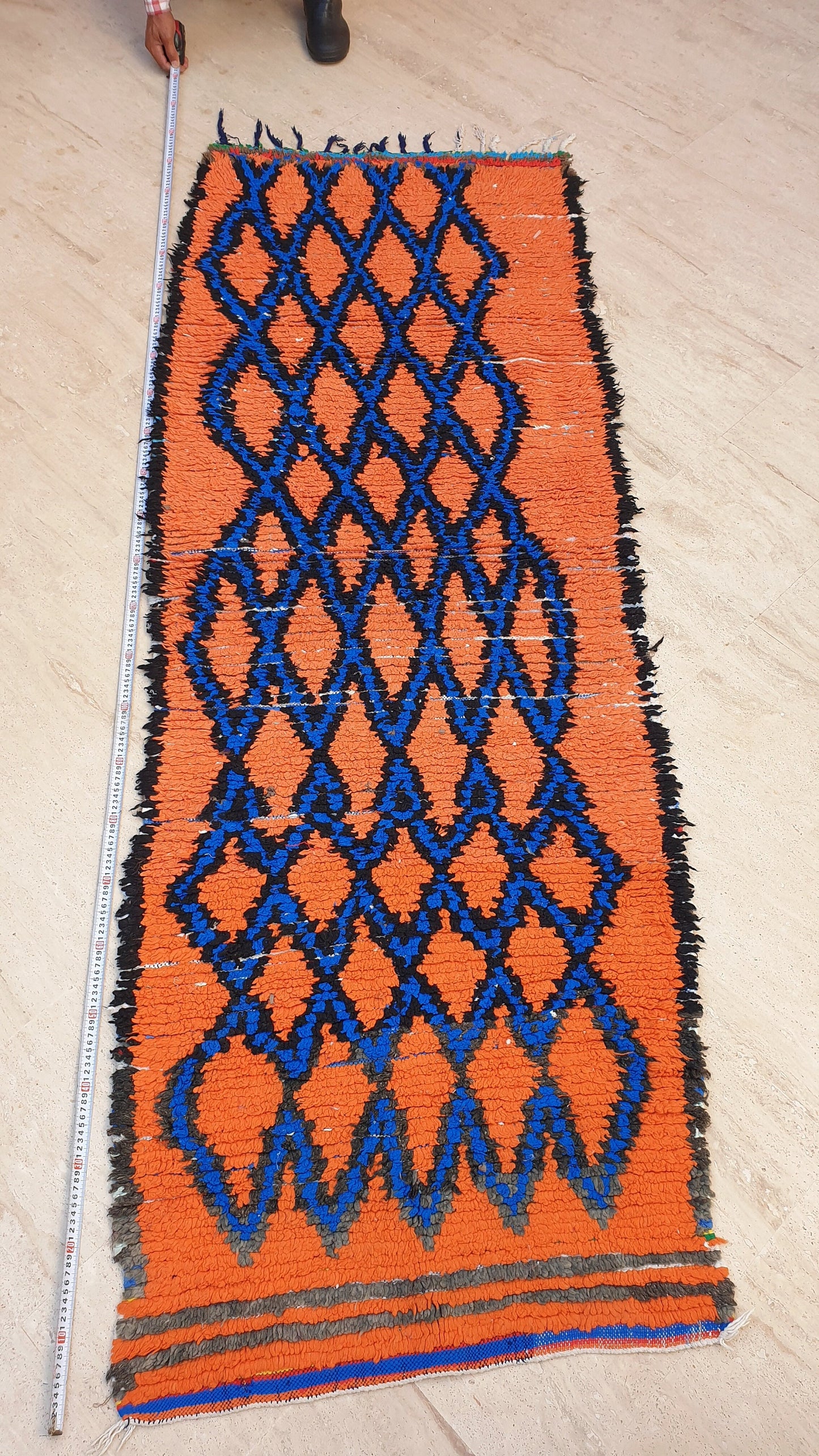 50% OFF CLOSING SALE Stunning Moroccan Runner Rug 2.8x6.5 Super Pretty Boujaad rug, Artistic Blue Papaya Orange Geometric Hallway rug