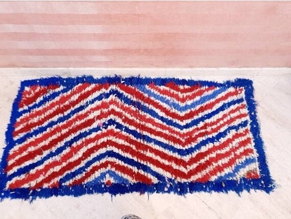 Vintage Moroccan rug 2.6x5.6 beautiful Unique Runner rug USA blue red striped Moroccan Accent rug, unique Abstract Rug