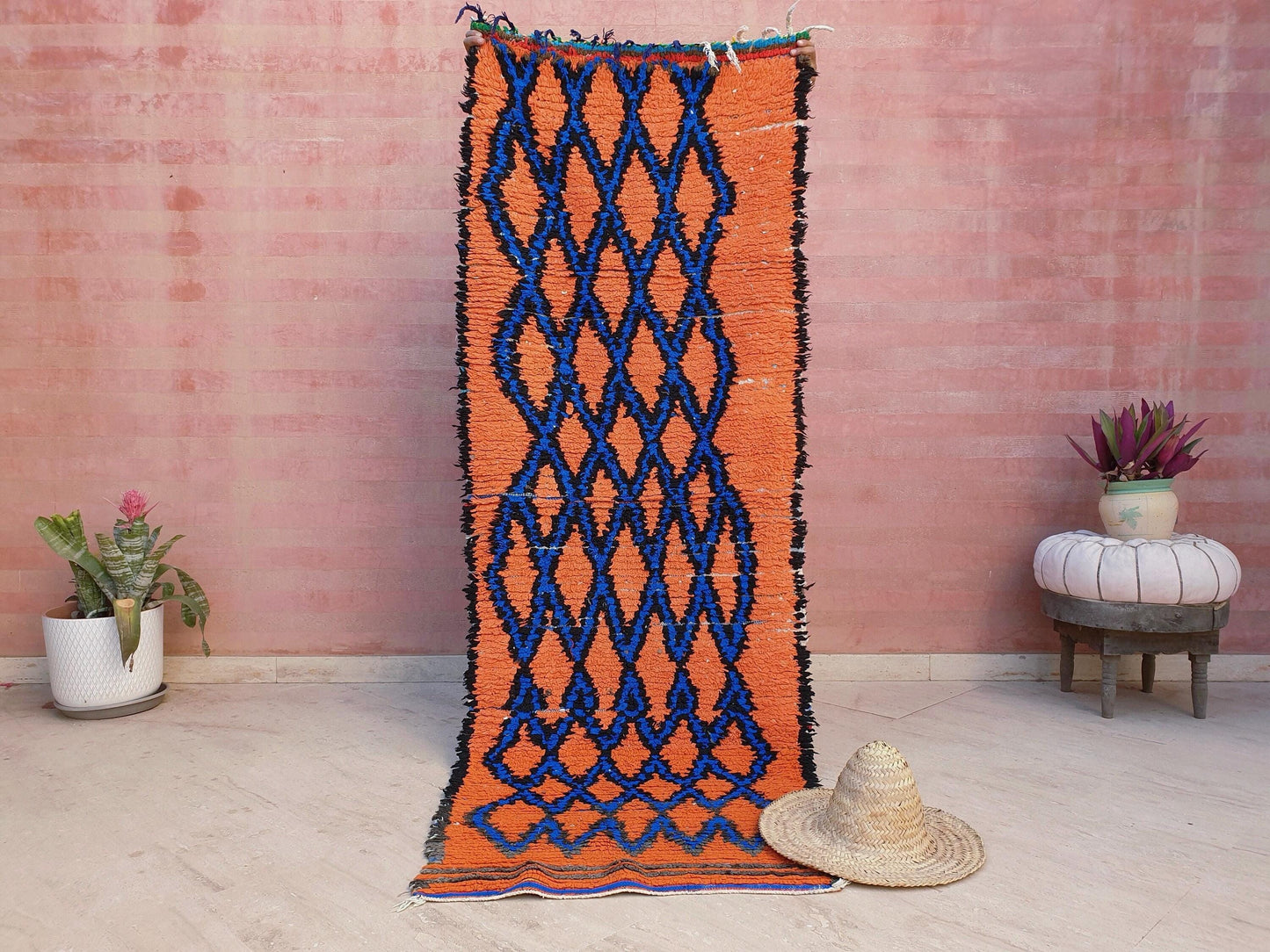 50% OFF CLOSING SALE Stunning Moroccan Runner Rug 2.8x6.5 Super Pretty Boujaad rug, Artistic Blue Papaya Orange Geometric Hallway rug