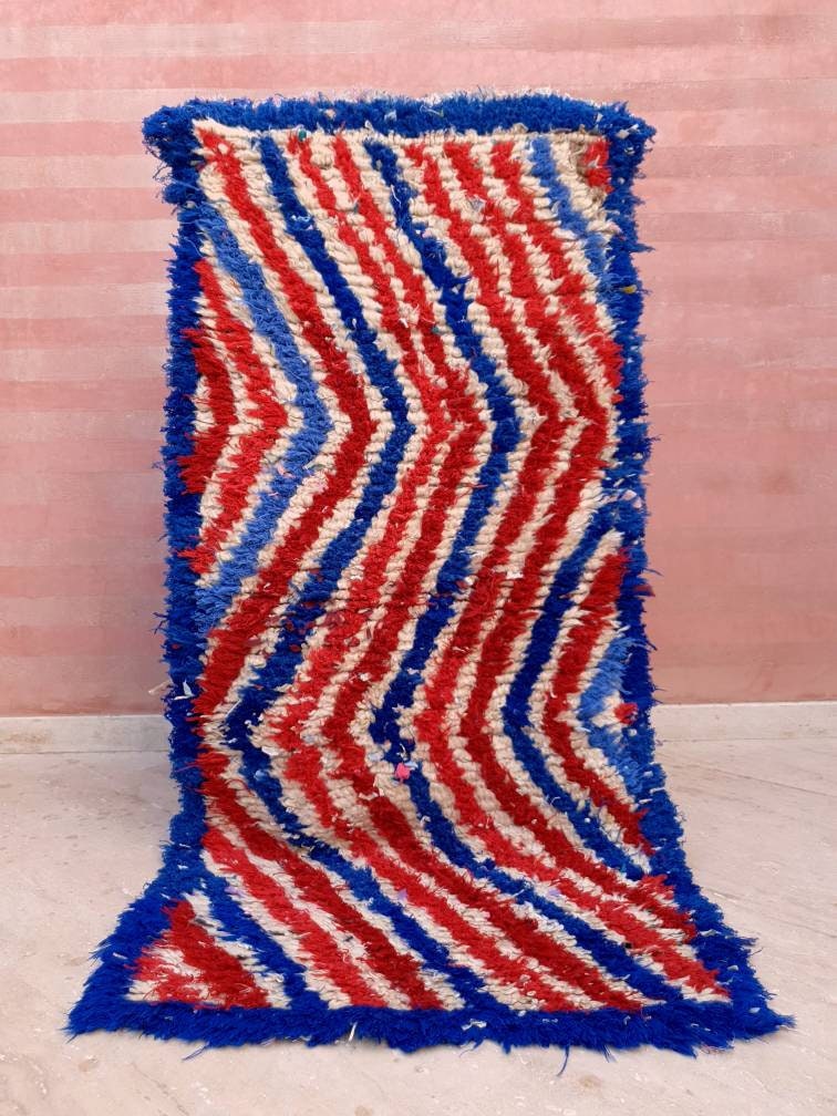 Vintage Moroccan rug 2.6x5.6 beautiful Unique Runner rug USA blue red striped Moroccan Accent rug, unique Abstract Rug