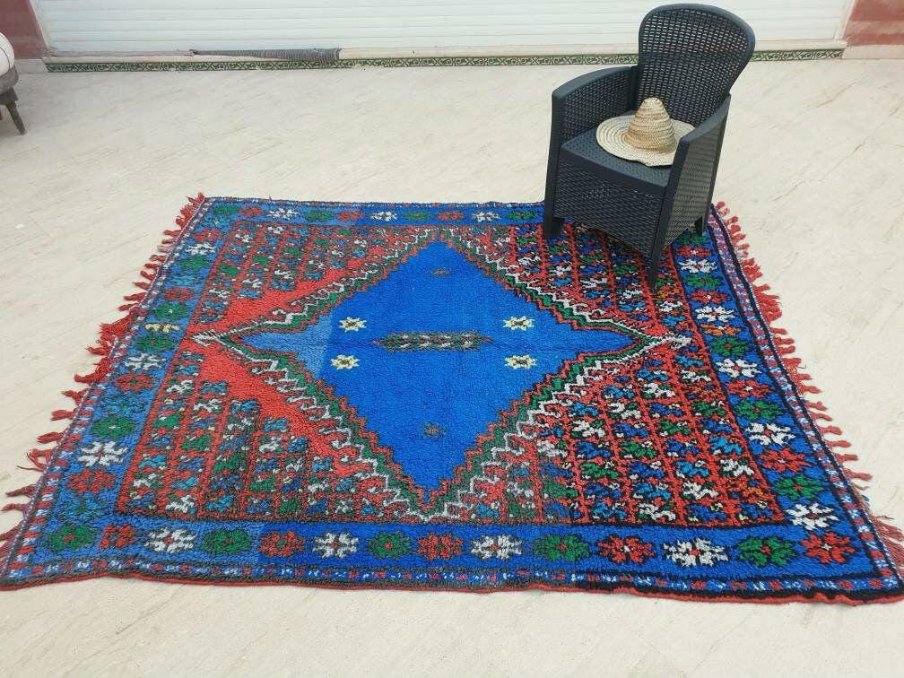 Vintage Moroccan Rug 6.3x7.8 Stunning Berber Blue Rug, Unique Rare Majorelle Bleu Boujaad Rug, Tribal living room rug