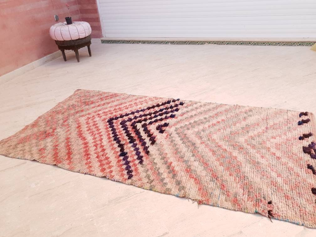 Vintage Moroccan Rug 3.8x7.5 Gorgeous Blush Boujaad rug, Unique area Rug, checkered bedroom rug, living room rug