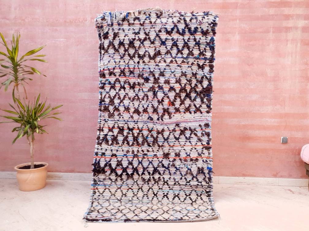 Vintage Moroccan Rug  3.8x7.5 Rare Azilal Berber Boucherouite rug, tribal rug bedside rug bedroom rug living room rug vintage accent rug