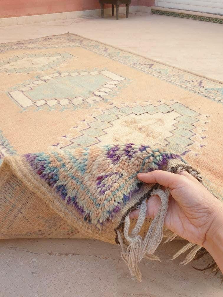 Vintage Moroccan rug 5x8.5 Precious Blush teal lavender Rug, Peach boujaad rug, Unique Taznakht rug