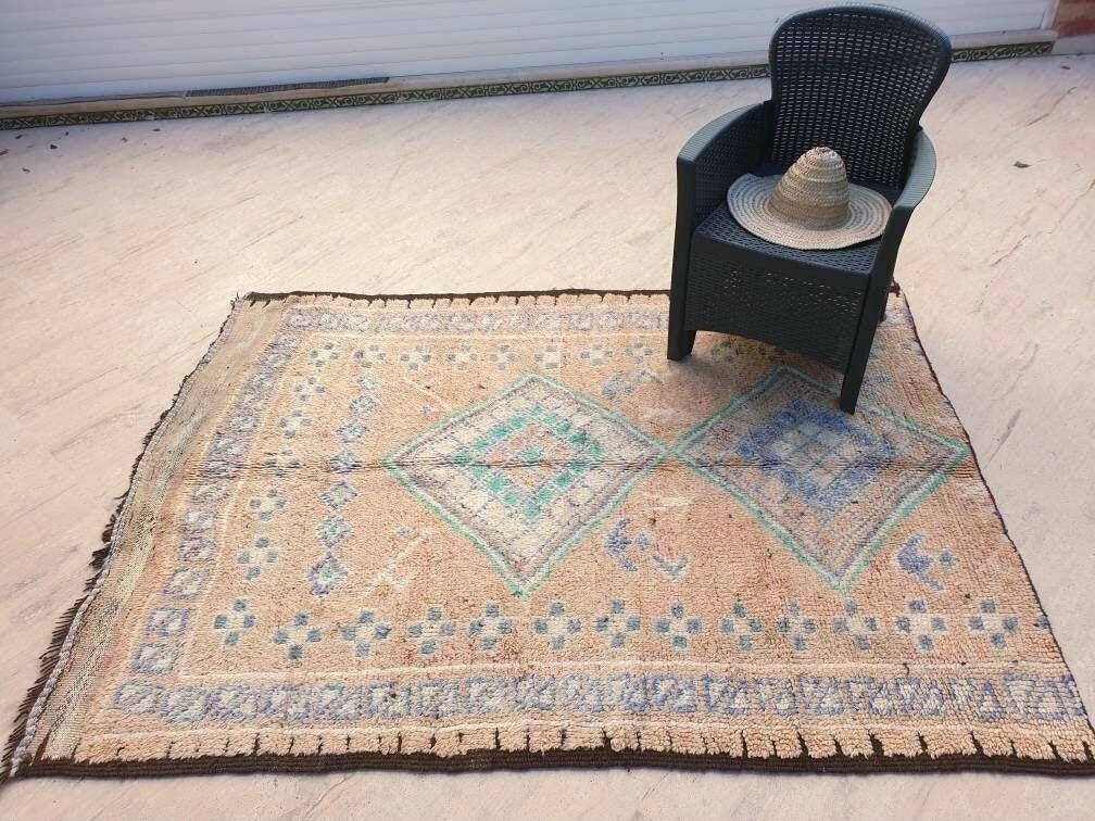 50% OFF CLOSING SALE Vintage Moroccan Rug 5.4x7 Marvelous large cream rug Latté Boujaad Teal Beige rug, pastels morocan rug, squarish carpet