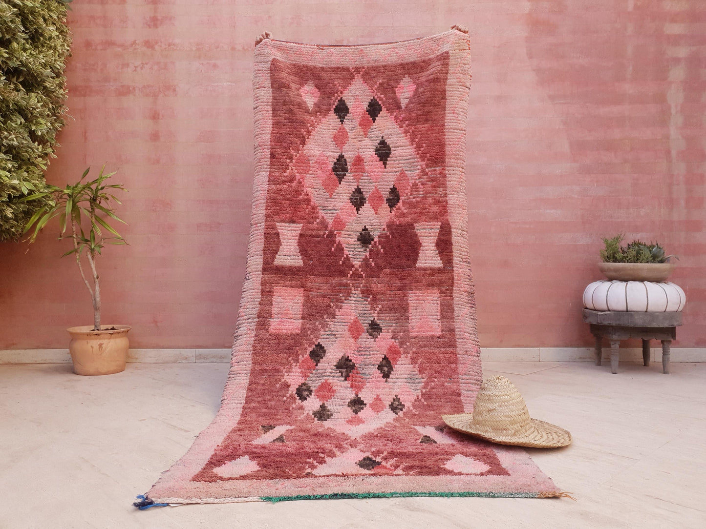 Vintage Moroccan Rug 3.5x8.5 Gorgeous Boujaad Blush Pink Brown rug, Beige Cream Hallway rug, Unique runner rug Authentic Berber Boujad rug