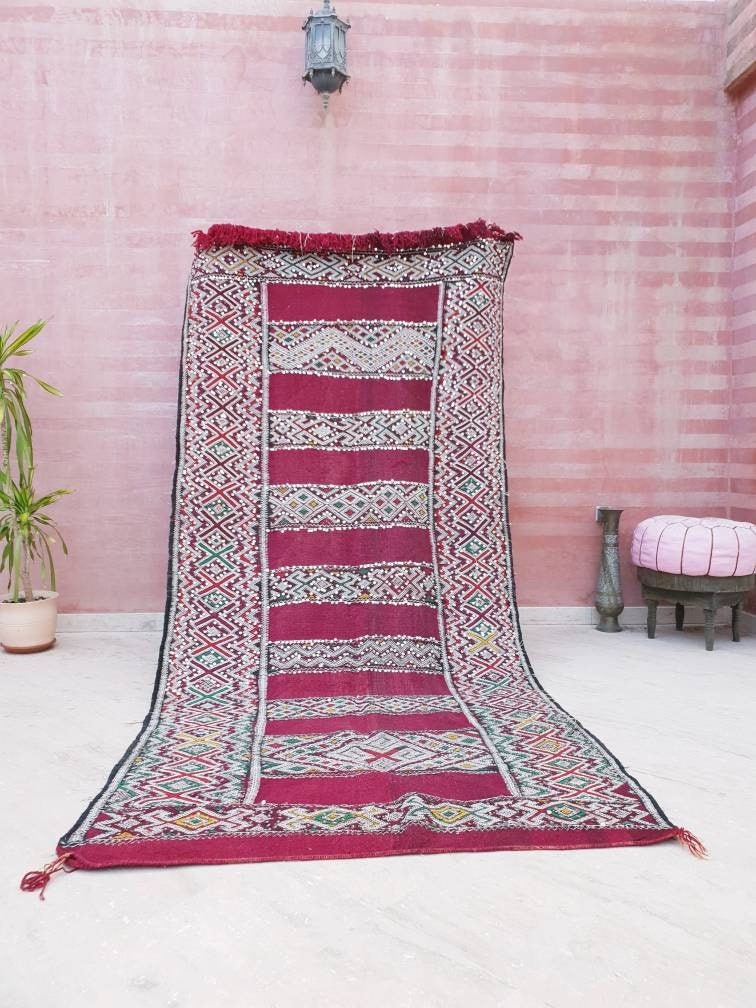 Incredible Moroccan rug | Sequined 4×10 ft Berber Rug | maroon kilim rug bedroom rug living room rug