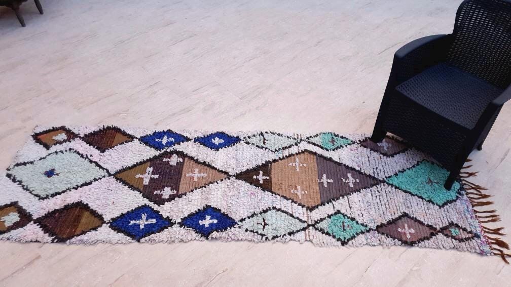Vintage Moroccan Rug 2.6x8.6 Beautiful Boucherouite Runner Rug Aqua Blue accent runner Rug Unique Hallway rug, Brown Beige boho rug