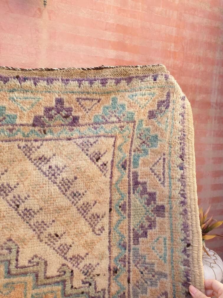 Vintage Moroccan rug 5x8.5 Precious Blush teal lavender Rug, Peach boujaad rug, Unique Taznakht rug