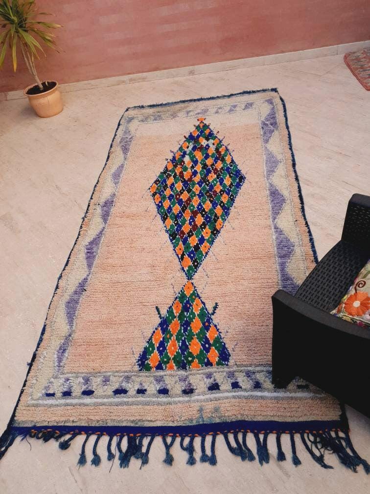 Vintage Moroccan Rug 4.8x9.6 Gorgeous blush Pastels Boujaad rug large boujad rug, Peach wool carpet