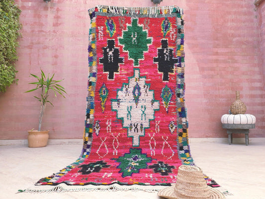 50% OFF CLOSING SALE Vintage Moroccan Rugs, 3.8x9.2  Hot pink colorful  Gorgeous Boujaad rug,  Boucherouite boujad runner rug