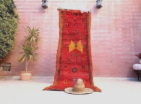 Vintage Moroccan Rug 2.6x8 Gorgeous Abstract Runner Rug, Unique Red Berber boujaad rug bedroom rug, living room rug be