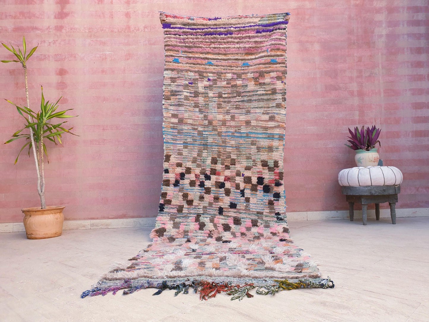 50% OFF CLOSING SALE Vintage Moroccan rug 3.3x10 Gorgeous Blush earth tones Checkered rug | Pinl Brown Boujaad rug, boujad statement piece