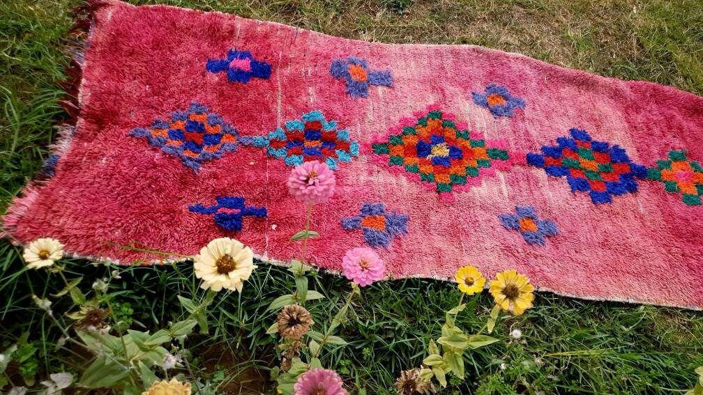 Vintage Moroccan rug 3.5x8.5 | incredible blush Boujaad rug | |  morrocan Boujad rug | antique area rug | Entry hallway rug
