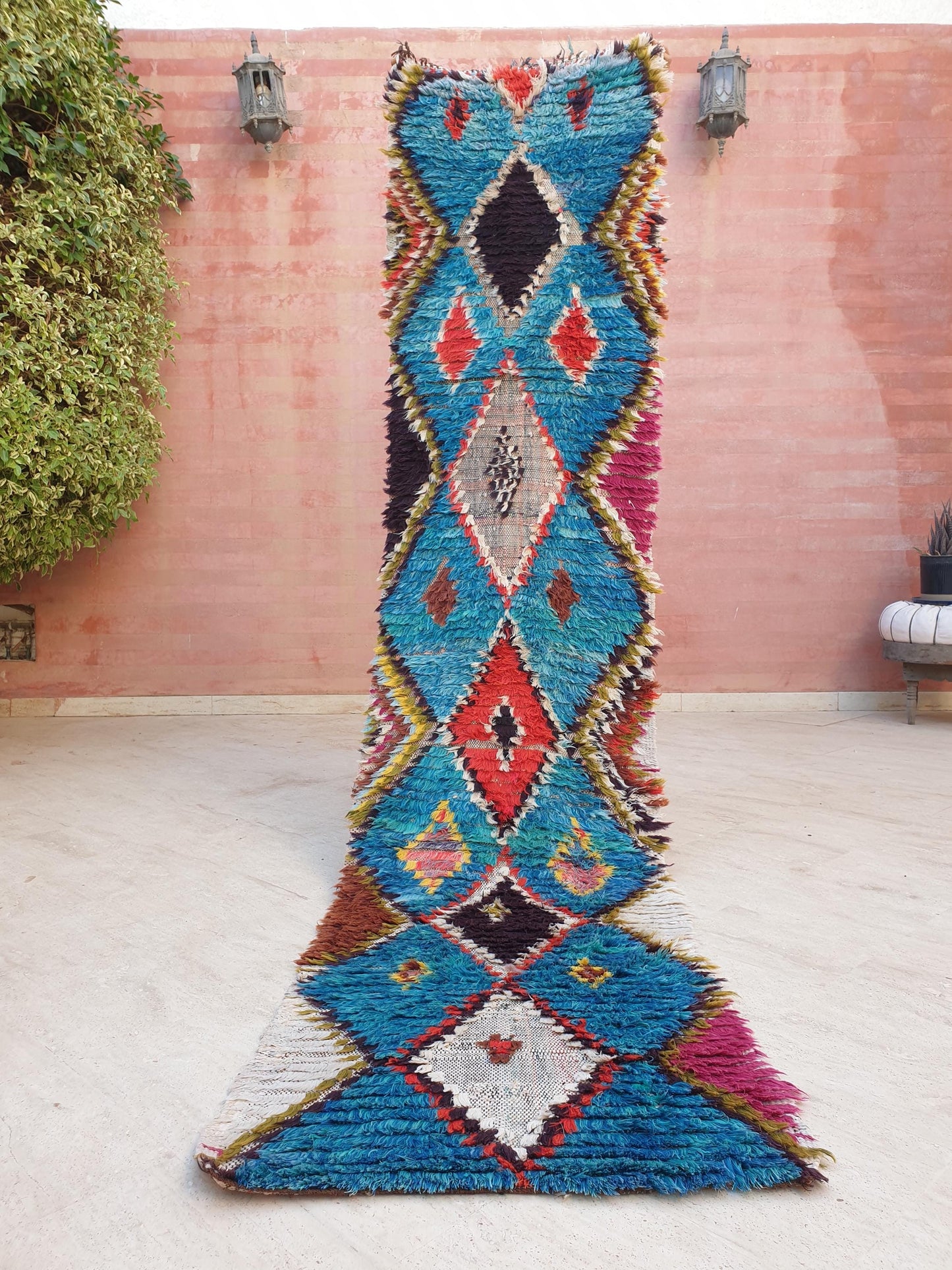 Gorgeous Moroccan vintage runner rug 2.2x9.5 teal blue rug boucherouite berber rug