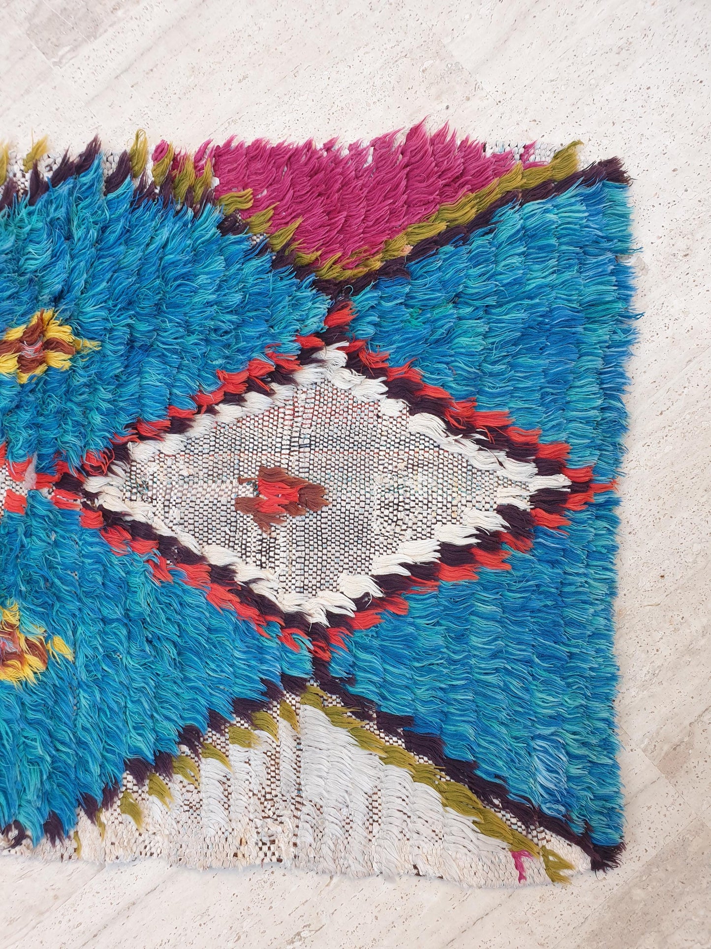 Gorgeous Moroccan vintage runner rug 2.2x9.5 teal blue rug boucherouite berber rug