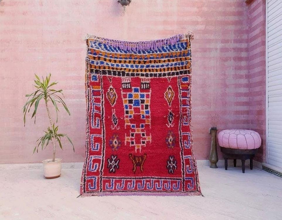 Vintage Moroccan rug 4x6 Fine Azilal rug, Authentic Berber morrocan rug, red bedroom rug living room rug boho rug vintage beni ourain rug