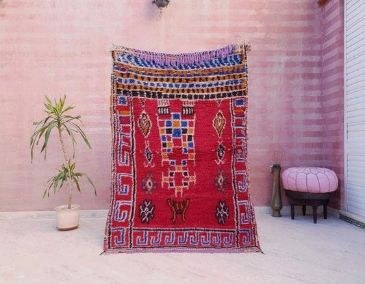 Vintage Moroccan rug 4x6 Fine Azilal rug, Authentic Berber morrocan rug, red bedroom rug living room rug boho rug vintage beni ourain rug