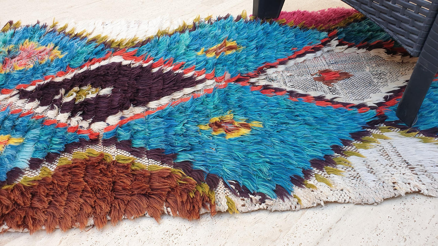 Gorgeous Moroccan vintage runner rug 2.2x9.5 teal blue rug boucherouite berber rug