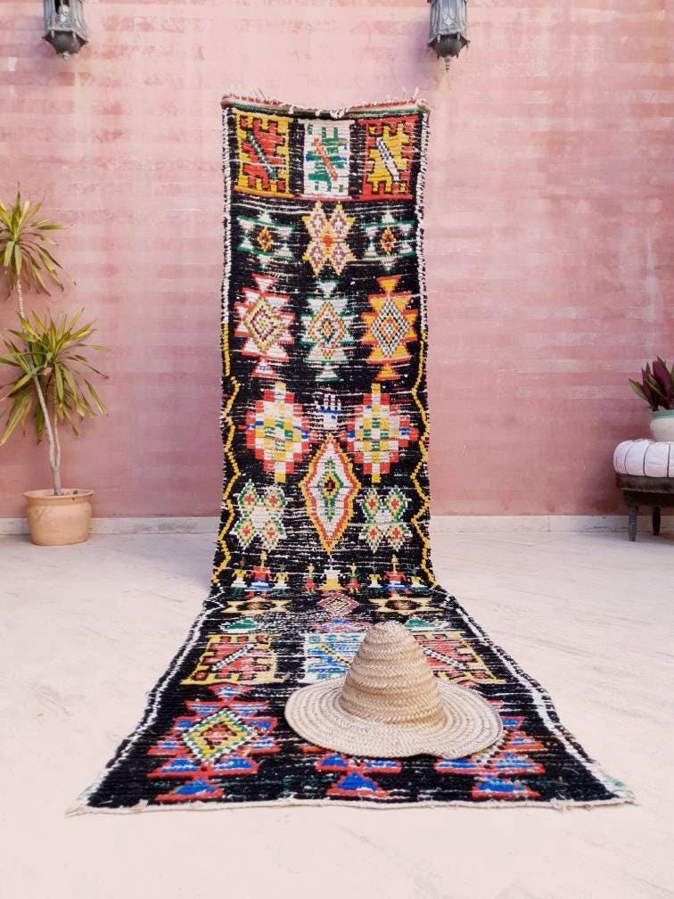 Vintage Moroccan Rug 2.7x11 Black Retro runner Rug Unique Hallway Rug bedroom living room rug boujaad runner rug
