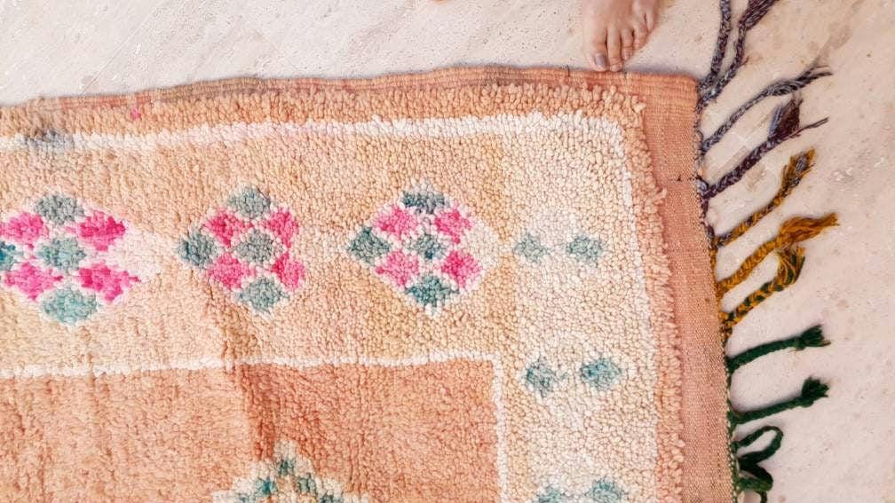 Stunning Vintage Moroccan Rug Boujaad rug 4.4x10.2 Blush Peach living room rug, large boujad rug