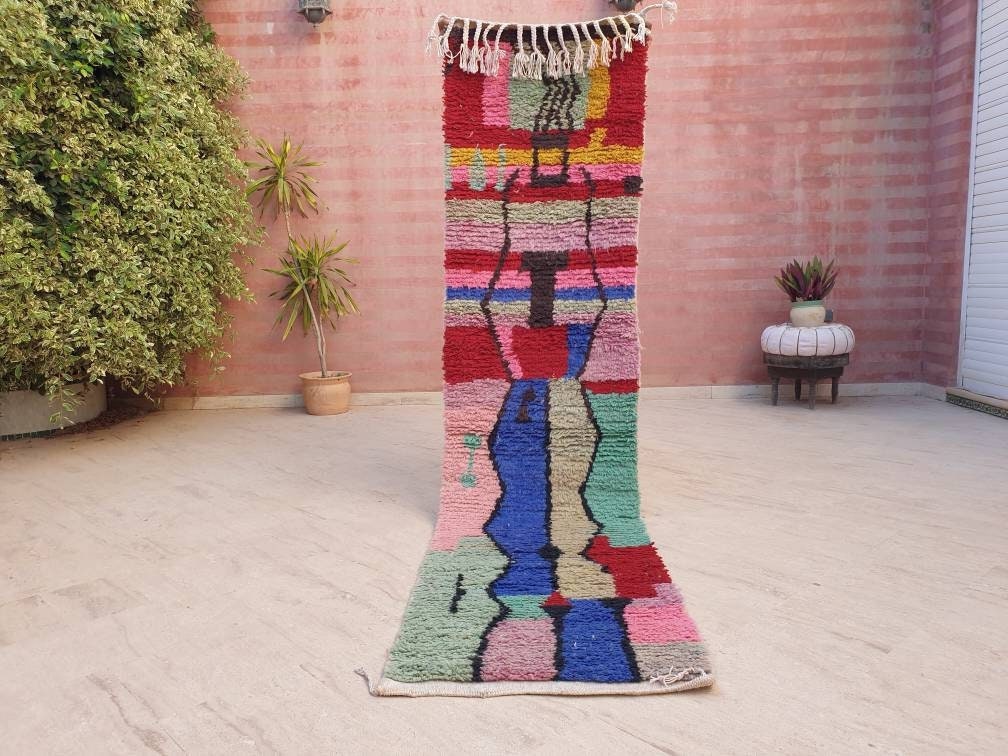 Gorgeous Moroccan rug 2.3x9.5 "Cocktail Party" Colorful Wool Runner rug, retro style cute abstract hallway boujaad rug