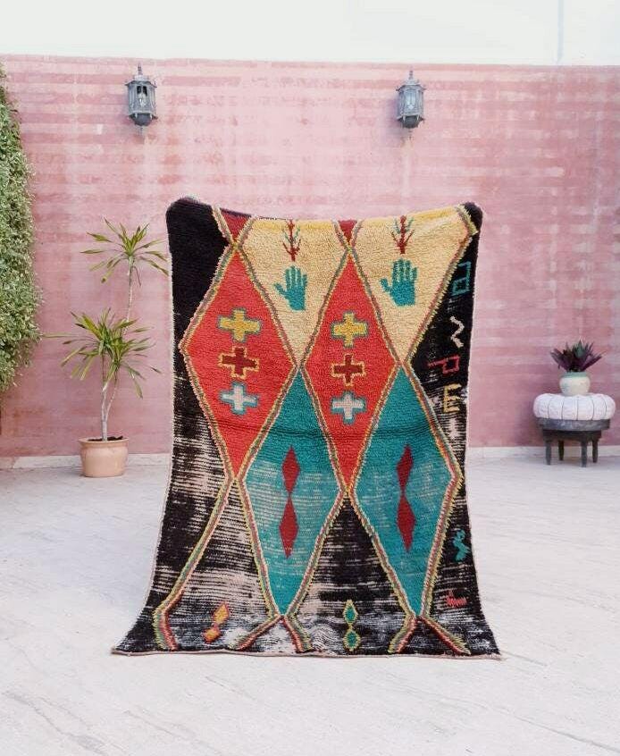 Vintage Moroccan Rug Stunning boujad Rug 3.3x5.4 Antique Boujaad Rug, Antique Berber Boucherouite Rug  Vintage Accent Rug, Entry way Rug