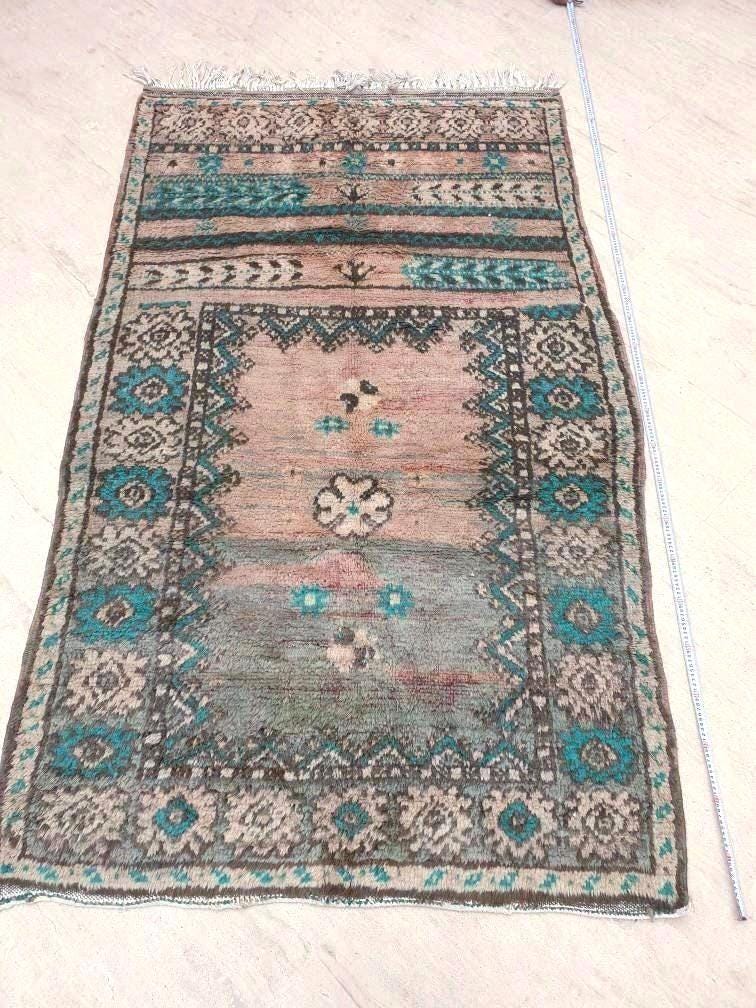 Vintage Moroccan Rug 4.5x7.6 Majestic Boujaad rug "Teal Poppies" blush Orange Geometric Rug
