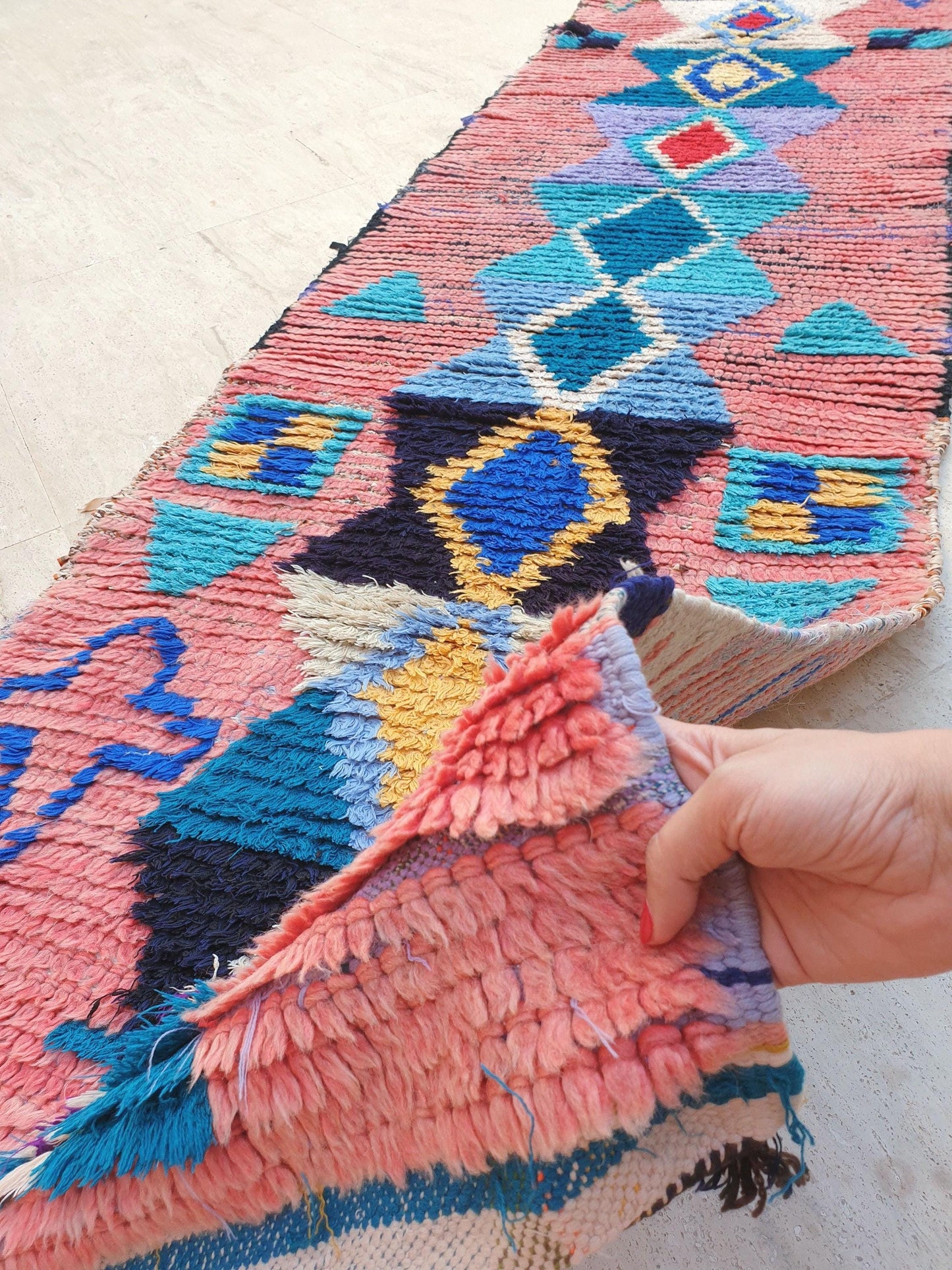Gorgeous Moroccan rug 2.5x9 "Ibiza" Blue Pink Blue Colorful Runner rug, retro style  handmade hallway boujaad rug
