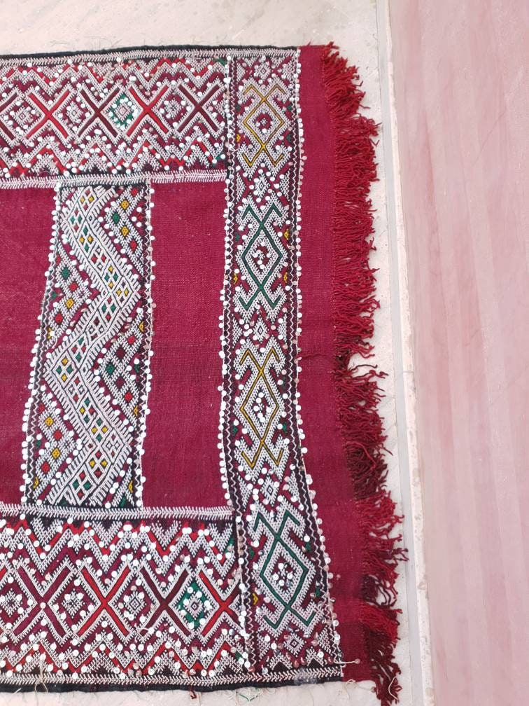 Incredible Moroccan rug | Sequined 4×10 ft Berber Rug | maroon kilim rug bedroom rug living room rug