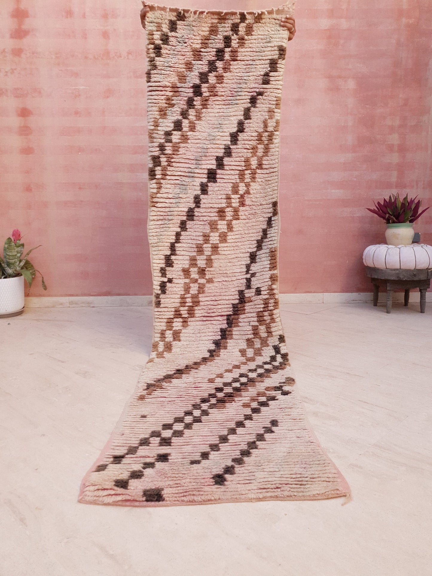 50% OFF CLOSING SALE Vintage Moroccan Rug 2.4x9.8 checkered Boujad Runner Rug, Super unique Berber Brown Blush hallway Rug, boho boujaad rug