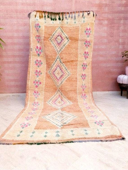Stunning Vintage Moroccan Rug Boujaad rug 4.4x10.2 Blush Peach living room rug, large boujad rug