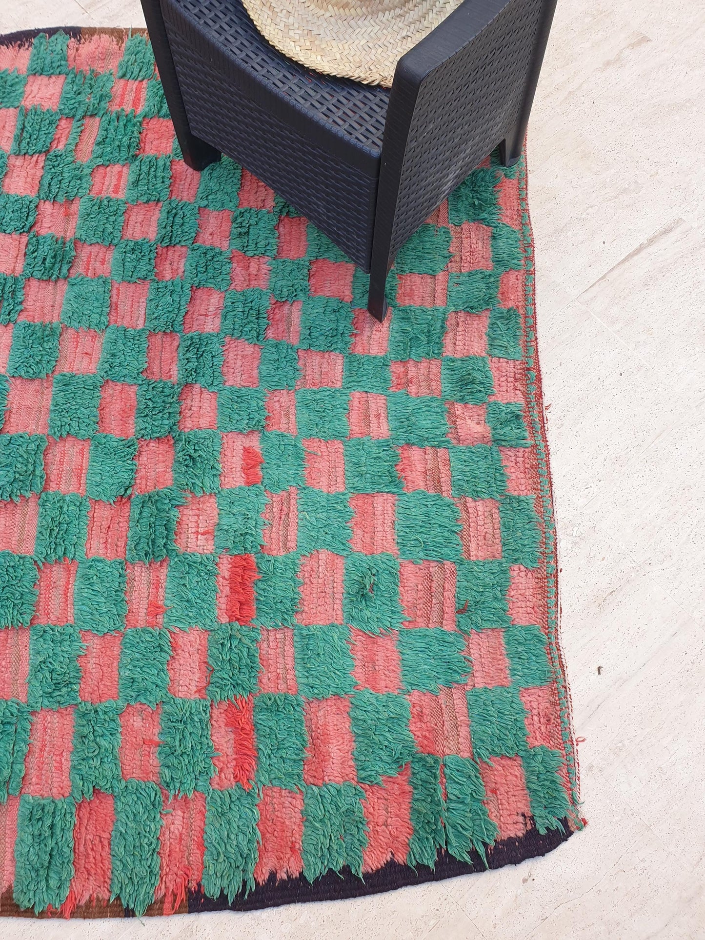 Gorgeous Green Moroccan Rug 5.6x6.9 ft Checkered green pink coral tribal rug, unique boujaad rug, squarish berber rug, salmon handmade rug