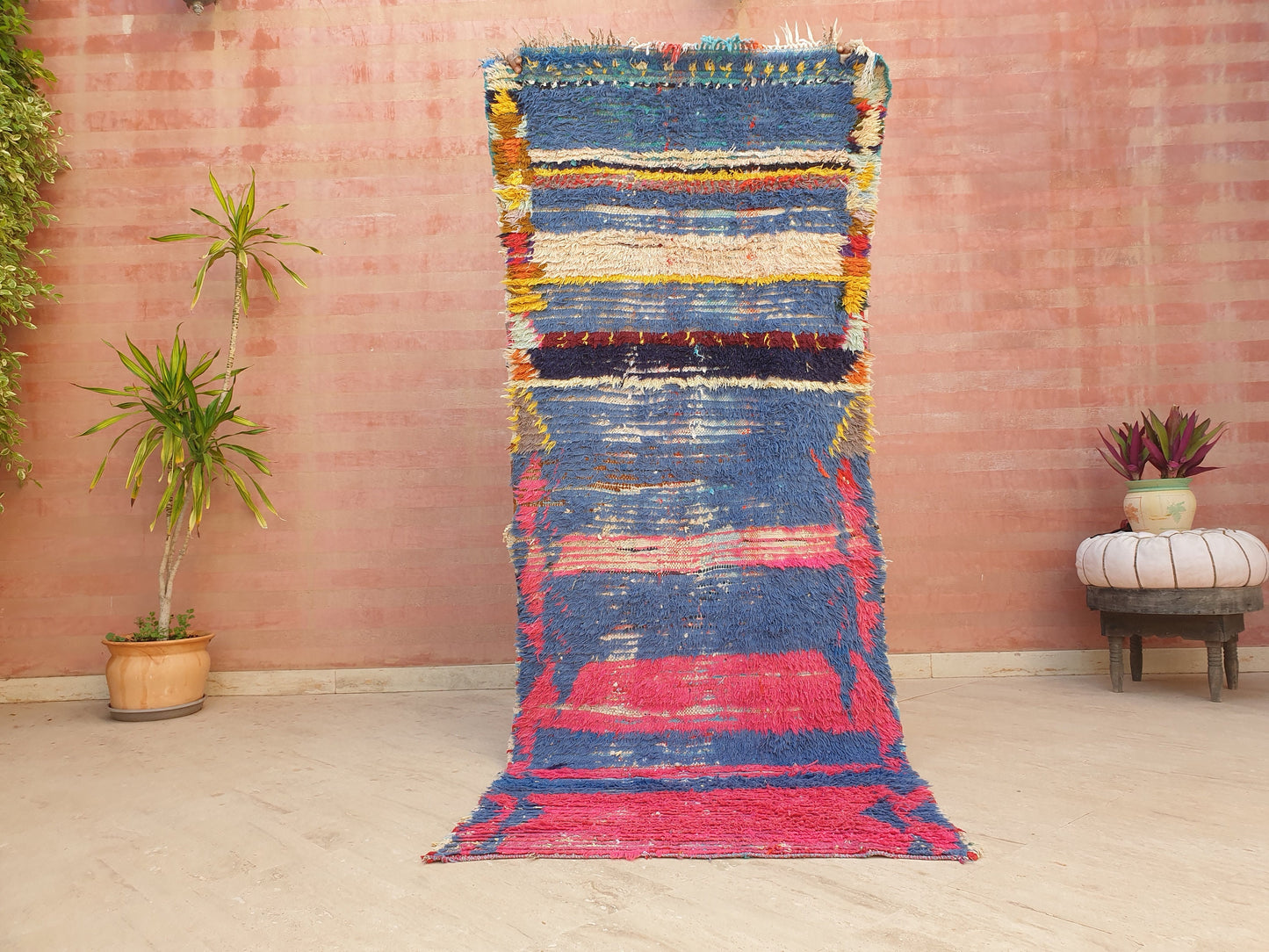 Vintage Moroccan Rug 3.2x7.8 Gorgeous Blue Pink Rug Boujaad Rug, fushia turquoise artistic Rug, boho boujaad rug