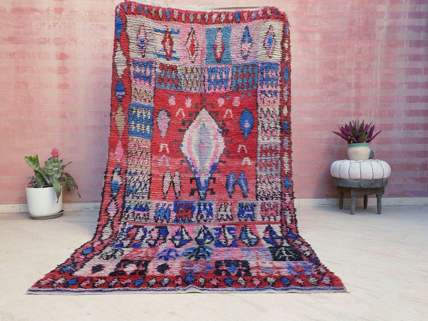 Vintage Moroccan Boujaad Rug • 4.9x9.2 ft • Red, Blue, and Lavender Tribal Wool Carpet • Bold Bohemian Berber Statement Piece