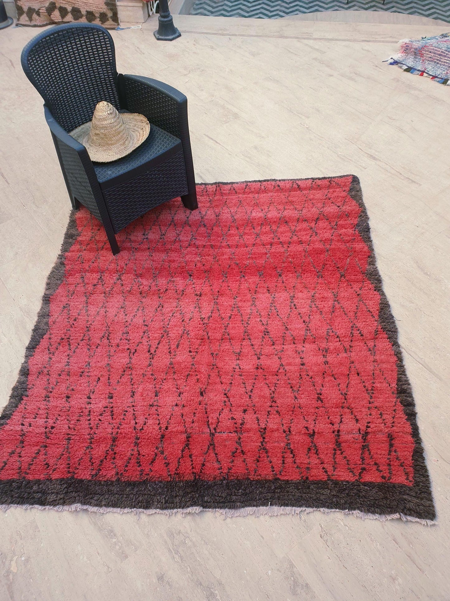 Vintage Moroccan Rug 5.3x6 Gorgeous Blush red Boujaad rug, muted red squarish rug, bedroom beni ourain rug checkered geometric rug