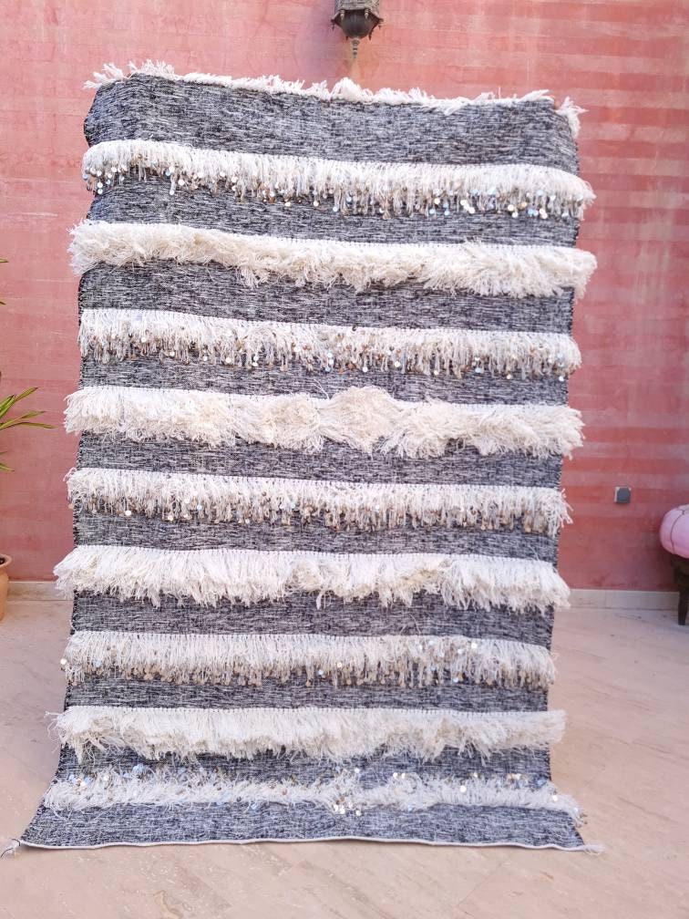 Gorgeous Moroccan Wedding blanket with Sequins 4.1x6.3 Moroccan throw, Authentic Berber wedding blanket, White Gray Handira Blanket