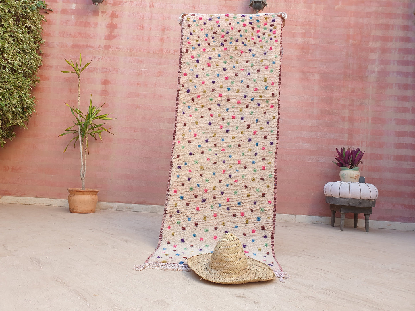 Beautiful Moroccan Runner rug 2.4x6.8 dotted wool rug,colorful dots moroccan carpet, berber tribal rug