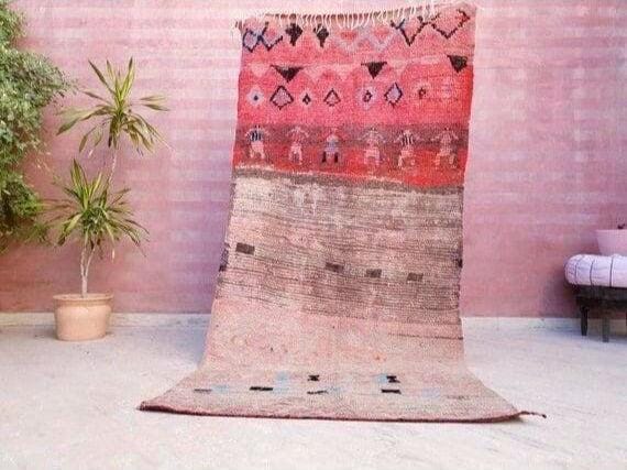 Vintage Moroccan rug 4x8.4 Unique boujaad rug "6 People" Blush pink Antique beige Boujad rug, Unique bohemian bedroom rug morocco rug