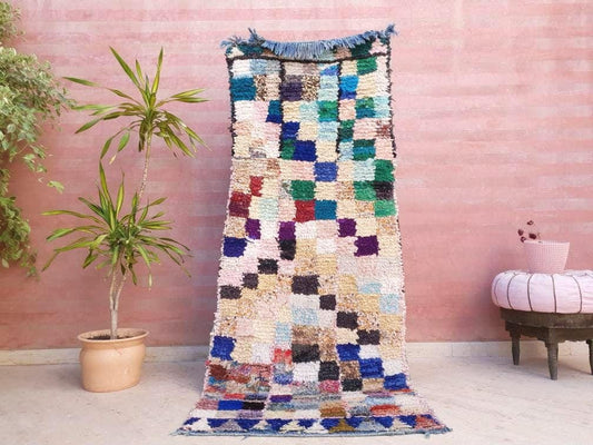 Vintage Moroccan Rug 3x7.5 Gorgeous Unique Boucherouite Rug Boujaad rug, checkered bedroom rug, living room rug