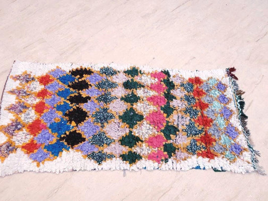 Super Pretty Vintage Moroccan Rug 3x6.4 Boucherouite Rug, White & Colorful Berber Rug, Unique Moroccan tribal Rug