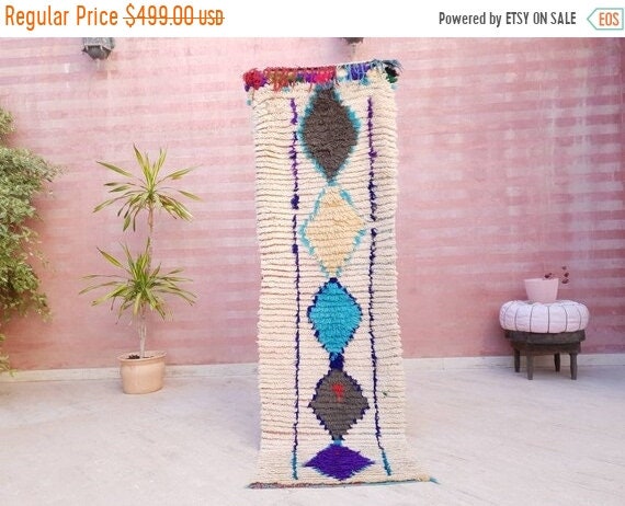 Vintage Moroccan rug 2.3x7.5 Unique Lovely hallway rug, beige runner rug, boujaad rug, boucherouite rug, morocco rug