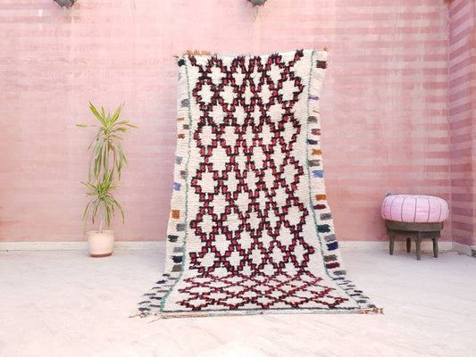 Gorgeous Vintage Moroccan rug 4.3'x9' large boujaad rug, red black ivory morrocan rug, bedroom rug living room rug, bohemian beni ourain rug