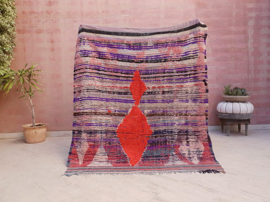 50% OFF CLOSING SALE Vintage Moroccan Rug 4.9x5.6 Super Unique Hot Orange Diamond Boujaad Rug, bedroom rug, living room rug coral carpet