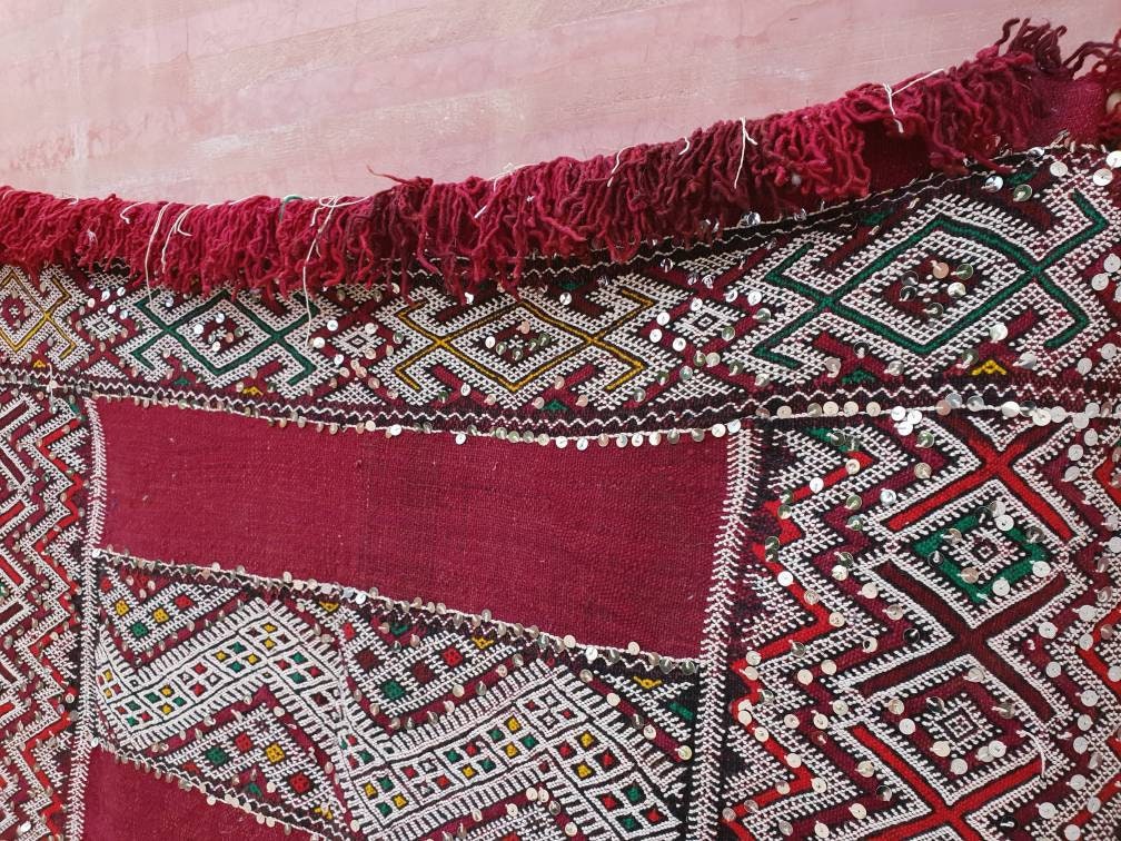 Incredible Moroccan rug | Sequined 4×10 ft Berber Rug | maroon kilim rug bedroom rug living room rug