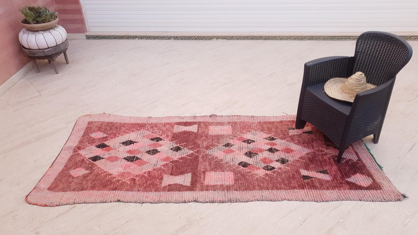 Vintage Moroccan Rug 3.5x8.5 Gorgeous Boujaad Blush Pink Brown rug, Beige Cream Hallway rug, Unique runner rug Authentic Berber Boujad rug