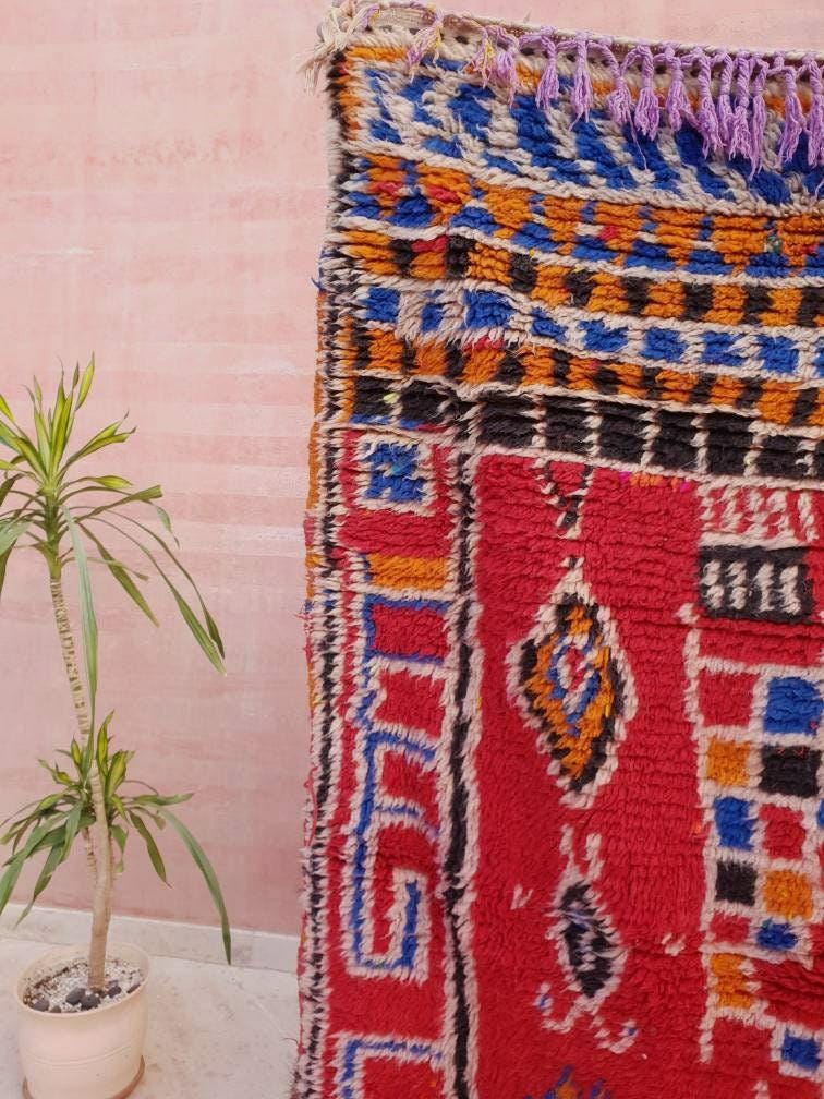 Vintage Moroccan rug 4x6 Fine Azilal rug, Authentic Berber morrocan rug, red bedroom rug living room rug boho rug vintage beni ourain rug