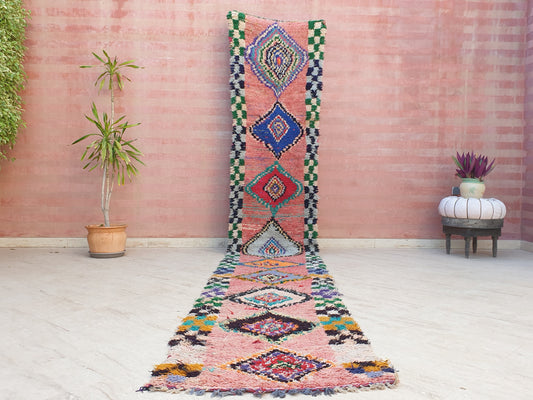 Vintage Moroccan Runner Rug 2.7x15.8 GELATO incredibly unique colorful pink runner rug, vintage boujaad rug,  long hallway rug