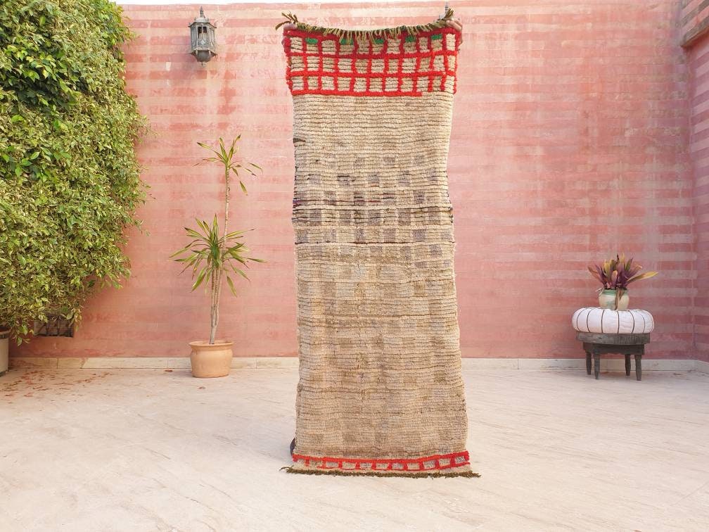 Vintage Moroccan rug 2x5.5 Gorgeous Blush Beige Red Grid Checkered rug | Boujaad hallway rug boujad statement piece